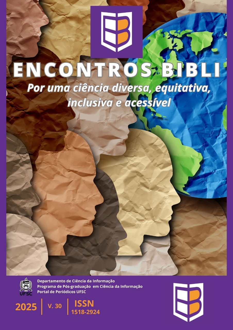 A capa da Revista ENCONTROS BIBLI apresenta como título do volume 30 do ano 2025 "Por uma ciência diversa, equitativa, inclusiva e acessível." Visualmente, a imagem destaca várias silhuetas de perfis de rostos humanos, representando diversidade, com diferentes tons de pele. À direita, há uma representação do globo terrestre. Na parte inferior da capa, são exibidas informações institucionais: "Departamento de Ciência da Informação, Programa de Pós-graduação em Ciência da Informação, Portal de Periódicos UFSC." A publicação é datada de 2025, Volume 30, ISSN 1518-2924.