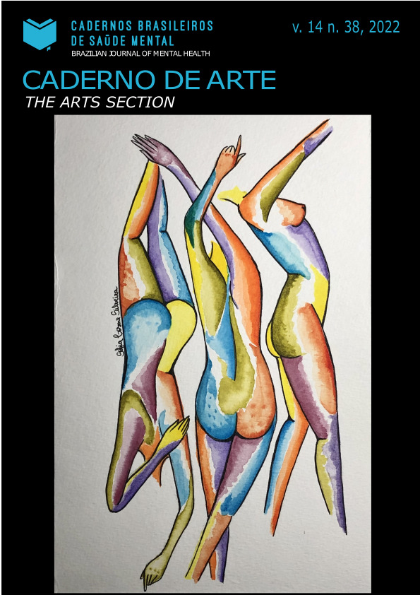 Capa preta com os dizeres: "Caderno de Arte"  Volume 14 número 38 2022. No centro há uma imagem de corpos desenhados em aquarela colorida.