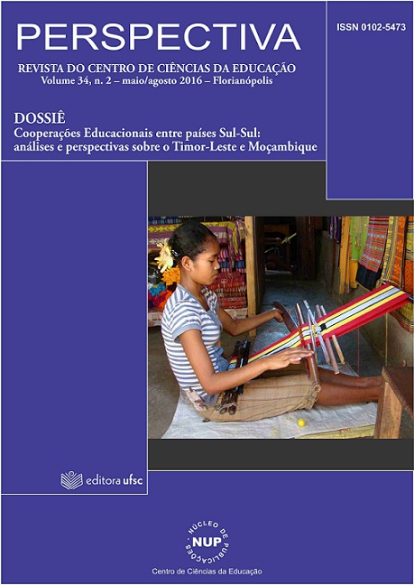					Visualizar v. 34 n. 2 (2016): Cooperações Educacionais entre países Sul-Sul: análises e perspectivas sobre o Timor-Leste e Moçambique
				